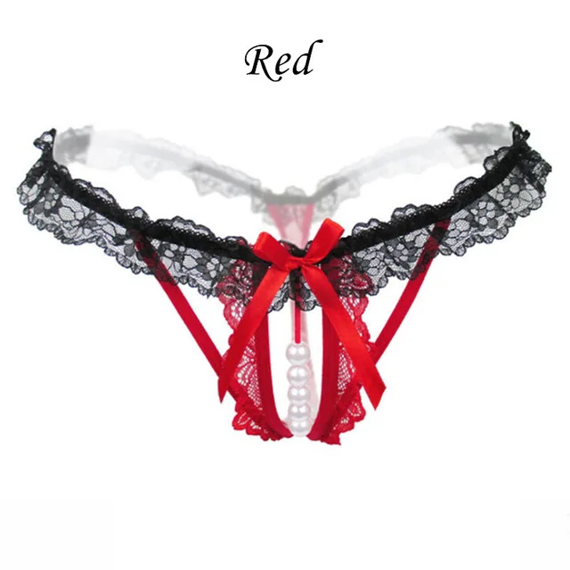 Red Сексуальное нижнее белье размера плюс с кружевным бантиком и жемчужинами, женские стринги, эротическое женское нижнее белье, трусики-стринги, бесшовные Танга - Цвет: Red