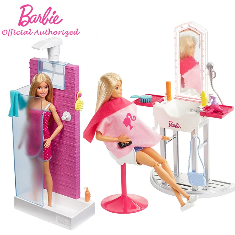 

Original Barbie Doll & Furniture Play Set Styles May Vary DVX51 Pretend Doll Hair Wash and cut Bathroom Accessory Best Birthday