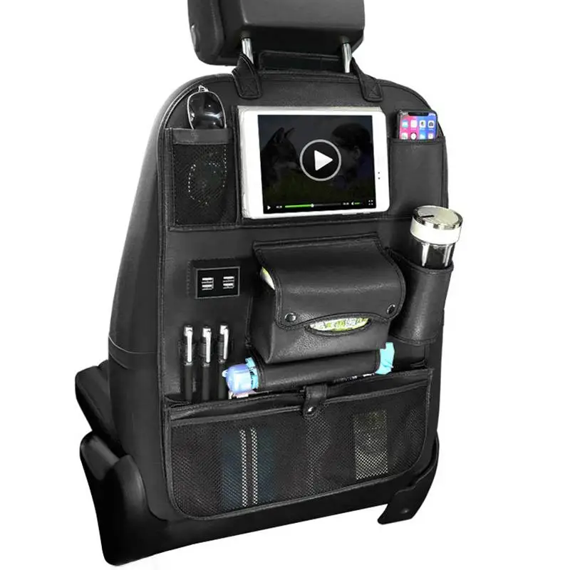 Черный AOZBZ, 2 в 1, многофункциональное зарядное устройство, 4 USB, сумка на заднее сиденье автомобиля, органайзер, несколько карманов, без лотка, аксессуары для багажника автомобиля - Название цвета: Черный