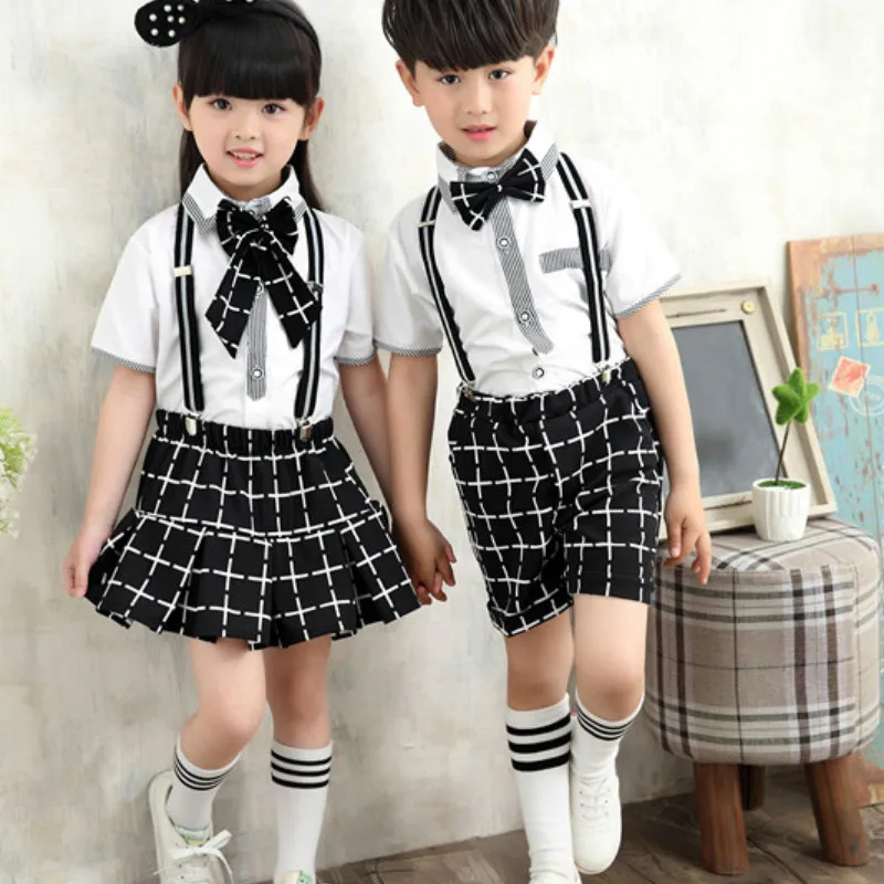 

New Arrival Girls Summer Wedding Skirt & Shirts Set with Bowtie Brand Formal Young Girls Boys School Uniform Children Suit