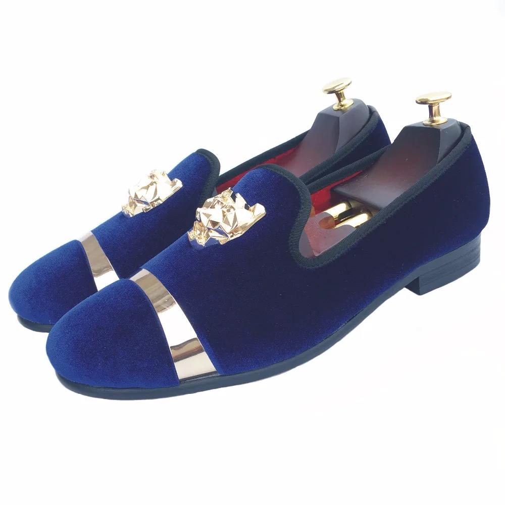 New Handmade Men Gold Buckle Loafers Slippers Shoes Blue Velvet with Red Bottom Party and Wedding Slip on Men't Flats | Обувь
