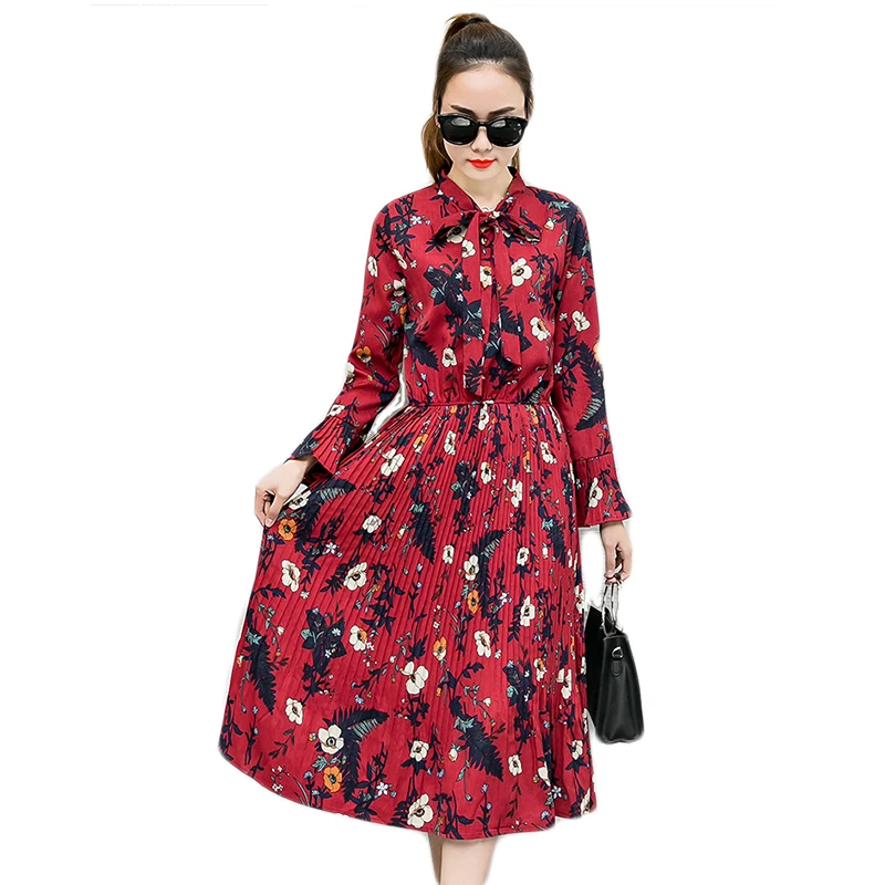 Женское шифоновое платье трапеция с длинным рукавом V образным вырезом и поясом