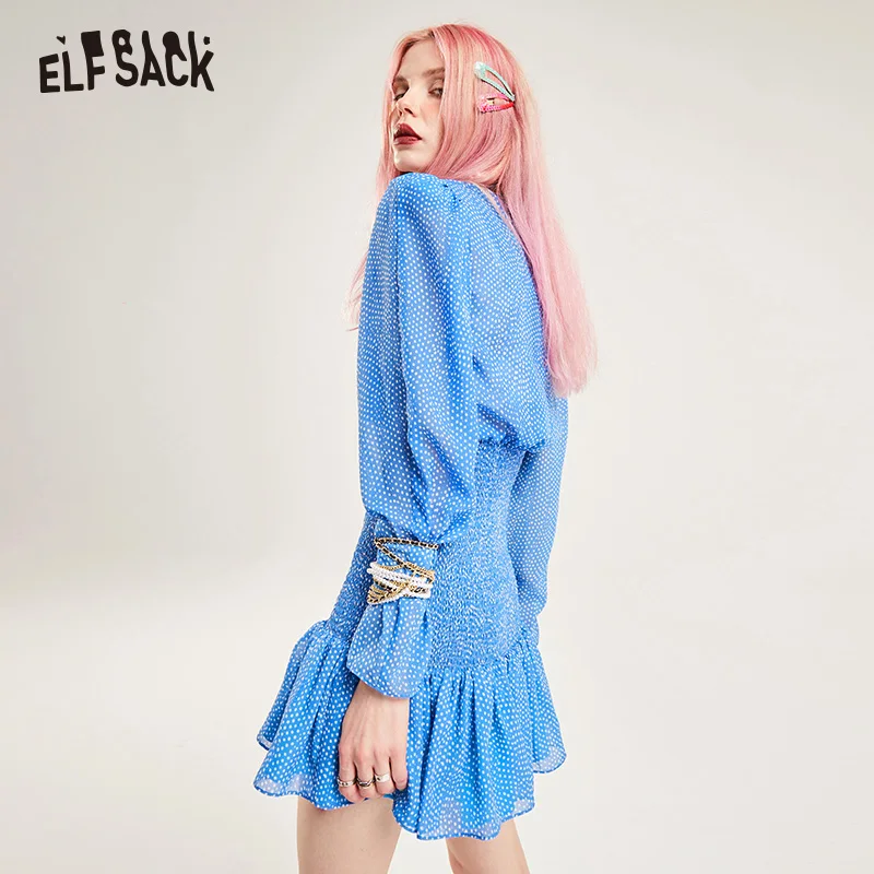 ELF SACK/Женские винтажные платья в синюю точку модные с круглым вырезом и длинным