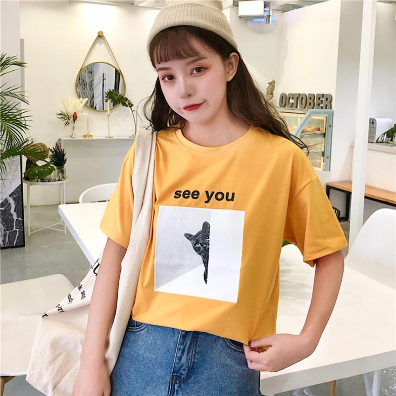 Женские хлопковые футболки Kpop свободные повседневные трикотажные с коротким