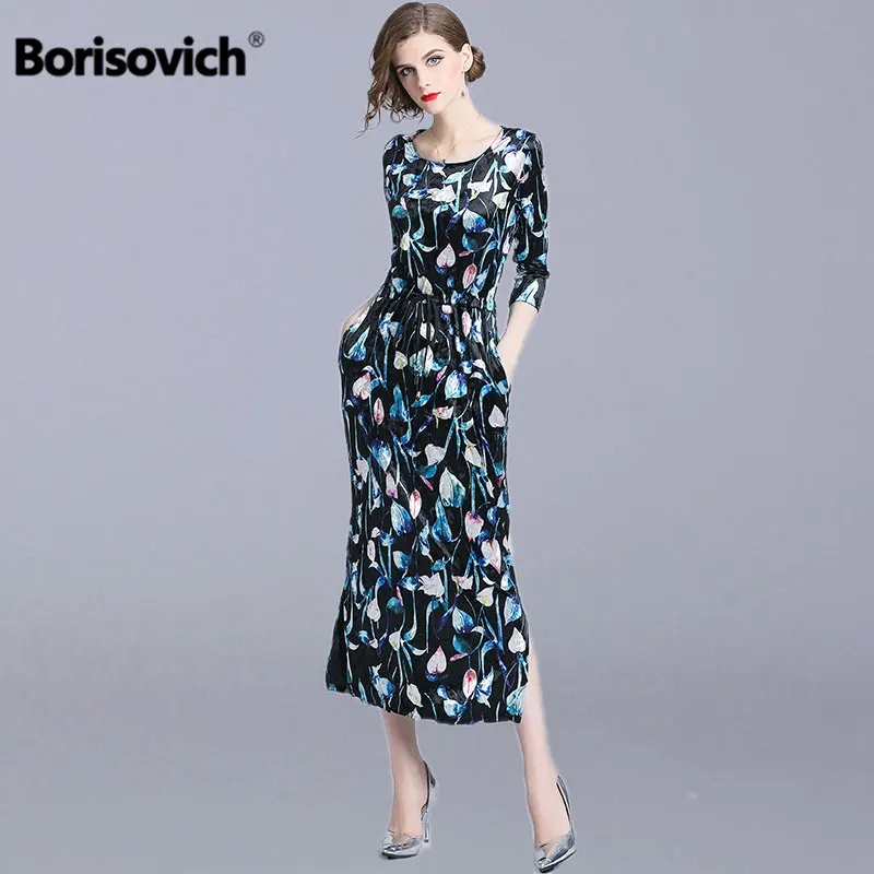 Borisovich женское повседневное длинное платье бренд весенние Модные Винтажные бархатные удобные женские вечерние платья с принтом N835