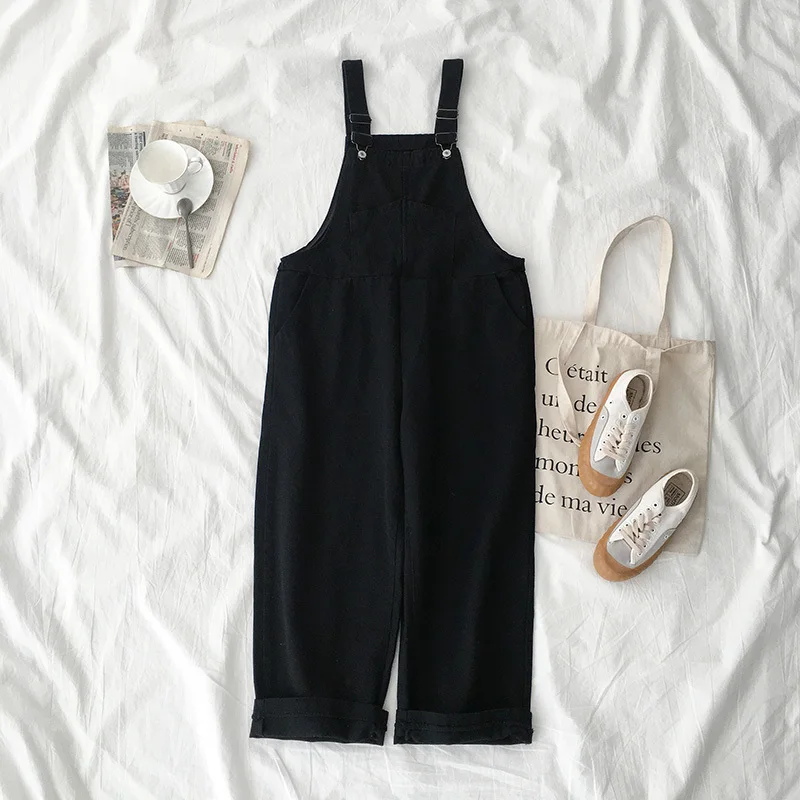 black overall Harajuku повседневный комбинезон, женский летний комплект из двух предметов, модная Синяя Клетчатая блуза с длинным рукавом+ черные свободные длинные штаны, летний комплект - Цвет: black overall