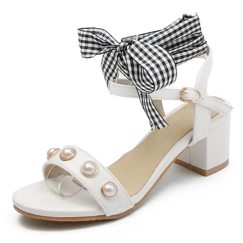Coolcept Vintage Women High Heel Sandals Beading Cross Strap Thick Summer Party Shoes Footwears Size 34-39 | Обувь
