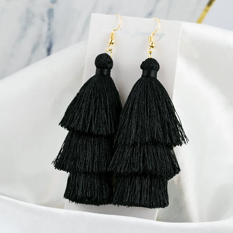 HIYONG Newest 3 Layered Long Tassel Drop Earrings for Women Female Bohemian Pendant Fringe Stratified Woman Earring Gift Jewelry | Украшения