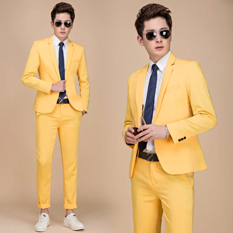Yellow Куртки+ брюки) мужские костюмы для свадебного торжества, повседневные приталенные мужские костюмы с отворотом кофейного цвета, американские размеры, деловые костюмы певицы, мужские костюмы - Цвет: Yellow