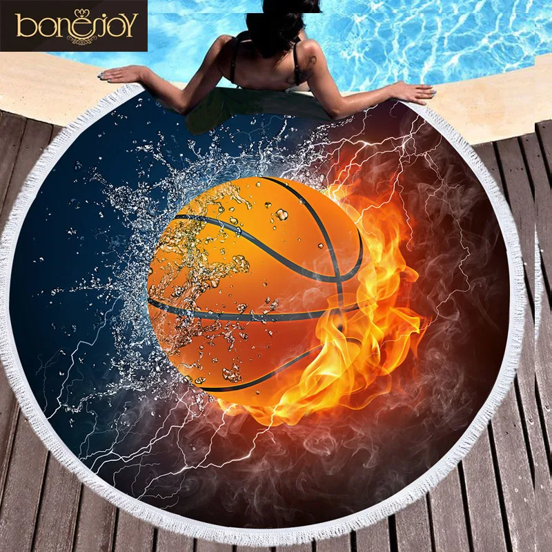 Bonenjoy баскетбол и огонь пляжные Полотенца круглый кисточкой черный гобелен 3D Toalla
