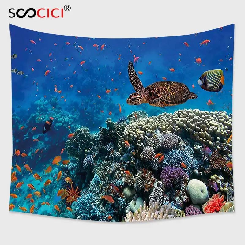 

Cutom Tapestry Wall Hanging,Ocean Decor Exotic Fish and Turtle in Fresh Water on Stony Corals Bio Diversity Wild Life Photo