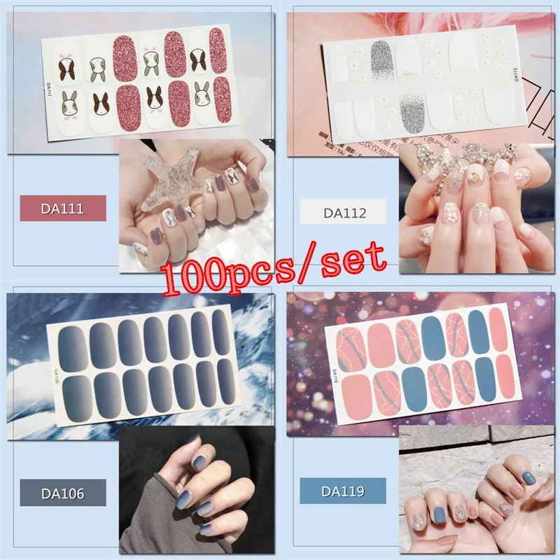 100pcs/set Full Covered Adhesive Nail Stickers 20 Designs Decal Patch Wraps DIY Nail Art Decorations Manicure Beauty Accessory