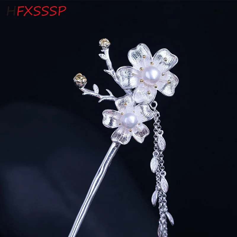 HFXSSSP S925 Серебряная заколка для волос с красивым жемчугом цветущей вишни женский