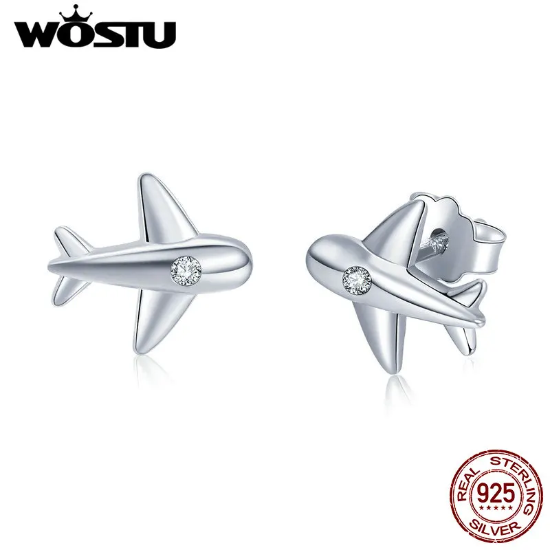 

WOSTU Genuine 100% 925 Sterling Silver Cute Pair of Airplane Stud Earrings for Girl Women Party Fine Jewelry brincos Gift CSE153