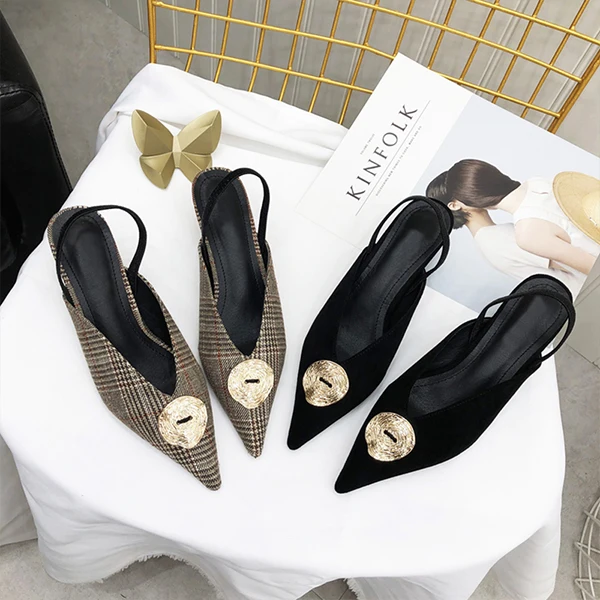 MONMOIRA металлические пряжки плед Slingback каблуки Женская обувь с острым носком Обувь