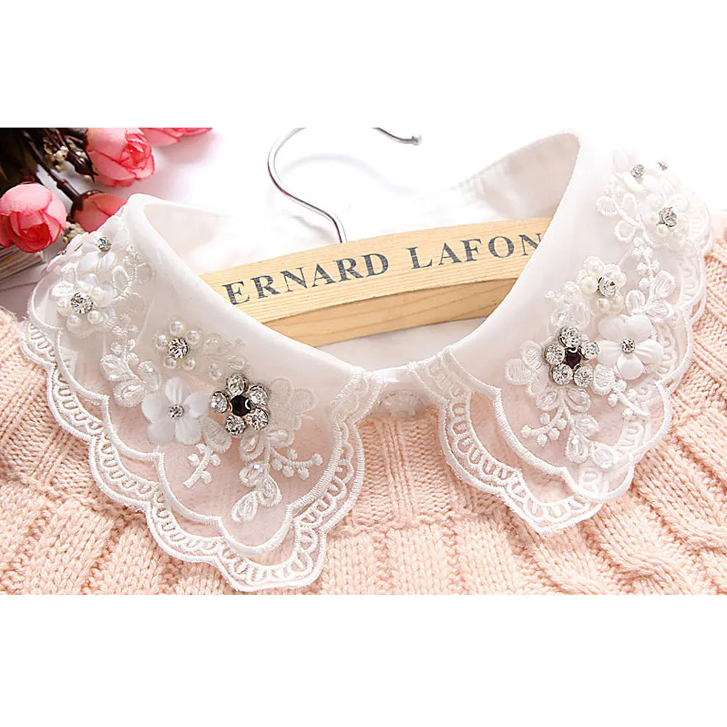 Женская полурубашка со съемным воротником украшенная бусинами|half shirts|white collar