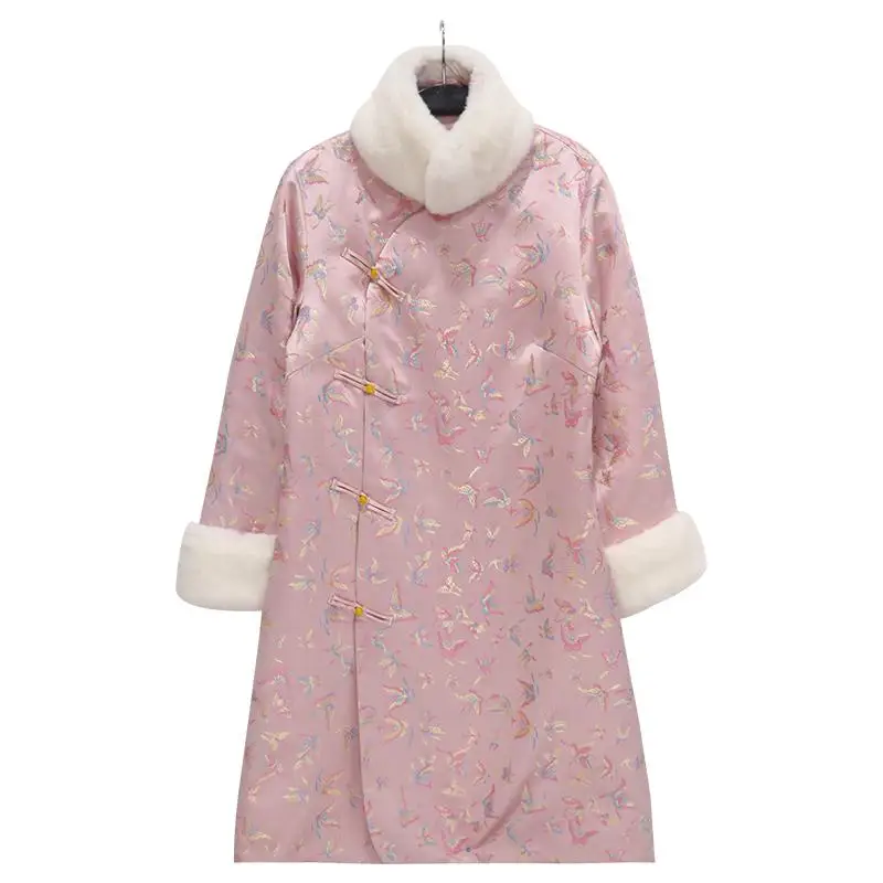 Розовое элегантное женское Qipao осенне-зимнее плотное теплое китайское платье традиционная пуговица ручной работы с хлопковой подкладкой Cheongsam s m l xl - Цвет: Розовый