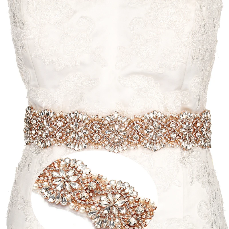

YANSTAR Bridal Rhinestone Wedding Belts Rose Gold Crystal 46CM Length Iron On Ribbons With Box For Bridal Gowns