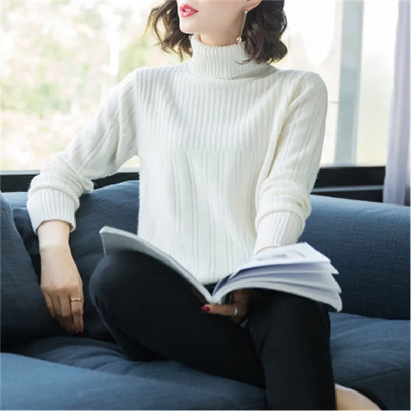 

new fashion 100%goat cashmere turtleneck knit women solid slim thick pullover sweater beige 3color M-XL