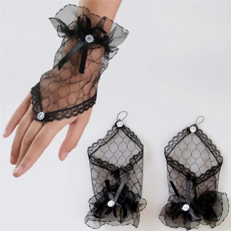 

Сексуальные черные свадебные перчатки, Короткие перчатки без пальцев, кружевные, с аппликацией, длина запястья, женские свадебные аксессуа...