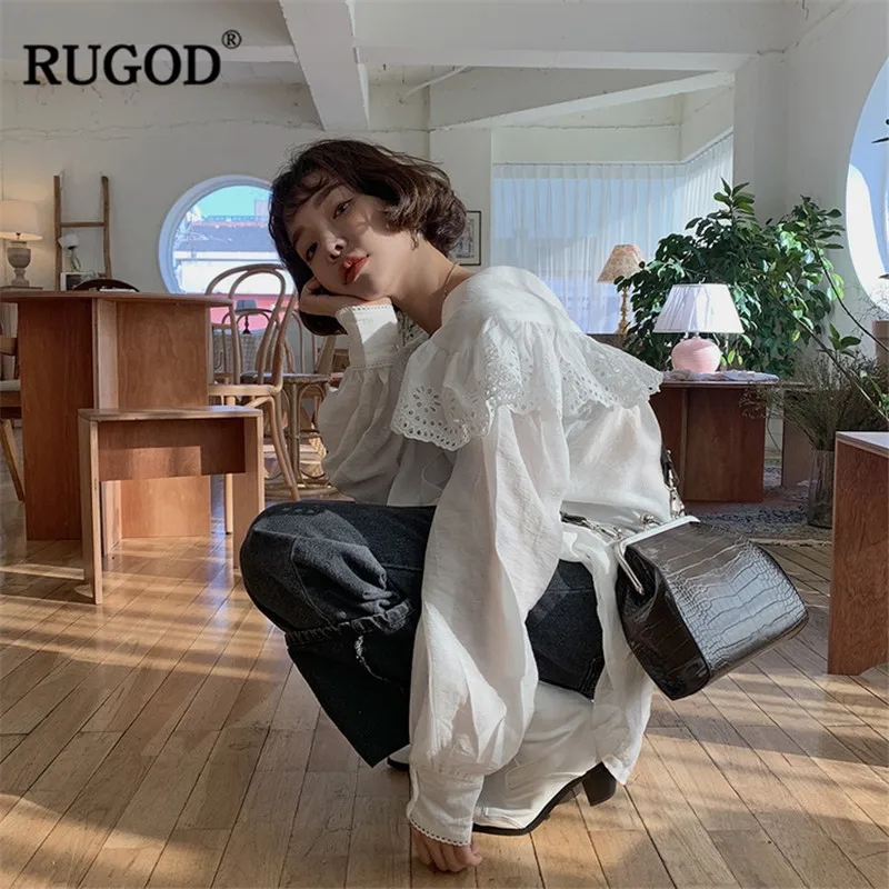 Женская кружевная блузка RUGOD белая Свободная с длинным рукавом-фонариком