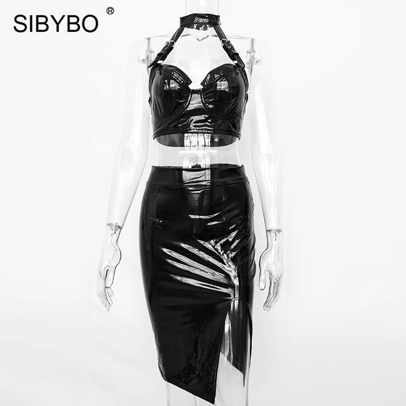 Sibybo, без бретелек, Холтер, из искусственной кожи, комплект из двух частей, платье для женщин, открытая разрезная оболочка, открытая спина, сексуальное женское платье, летнее вечернее платье для женщин