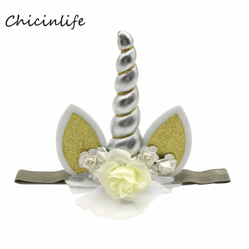 Chicinlife 1 шт. Единорог угловой цветок повязка на голову для девочки мальчик праздничный колпак детский душ 1 день рождения украшение Единорог Вечерние - Цвет: Серебристый
