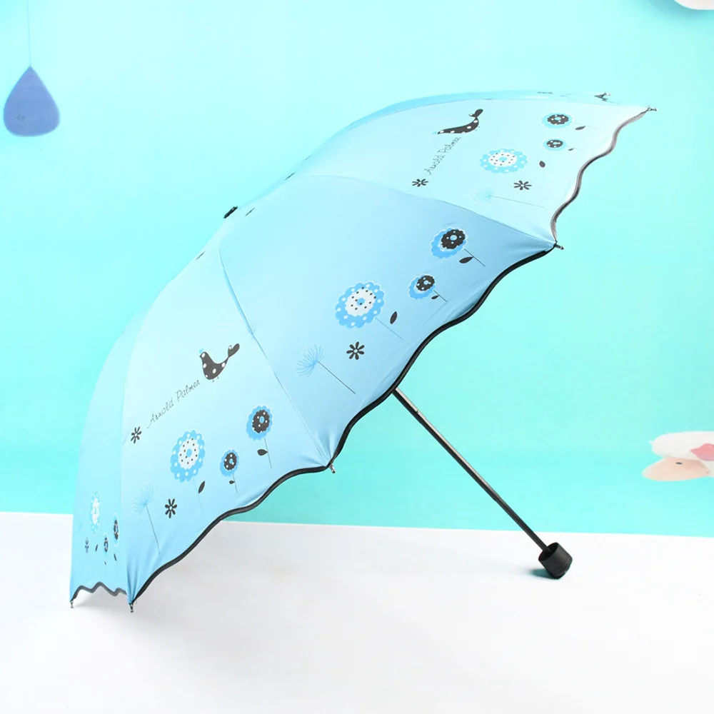 Цветок Птица черное покрытие три складной зонтик дождь Для женщин УФ высокое