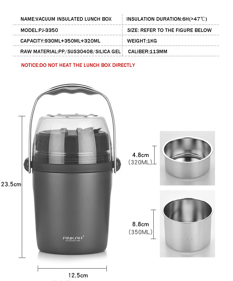 Горячая Pinkah 1600ml 3-слойная вакуумной изоляцией из нержавеющей стали Коробки для обедов бытовой Еда термоизоляционный бак большой Ёмкость 304 Нержавеющая сталь Коробки для обедов
