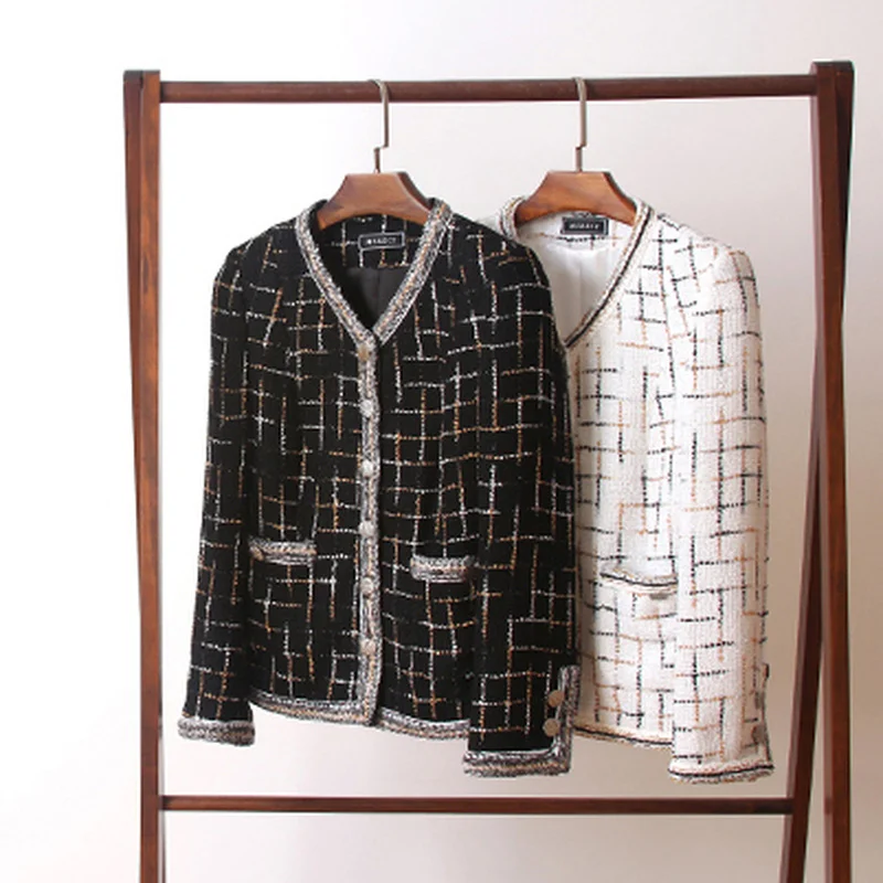 

Runway Brand 2019 Spring Autumn Women Plaid Tweed Short Coats Vintage Single Breasted V-neck Jacket White Black Y096