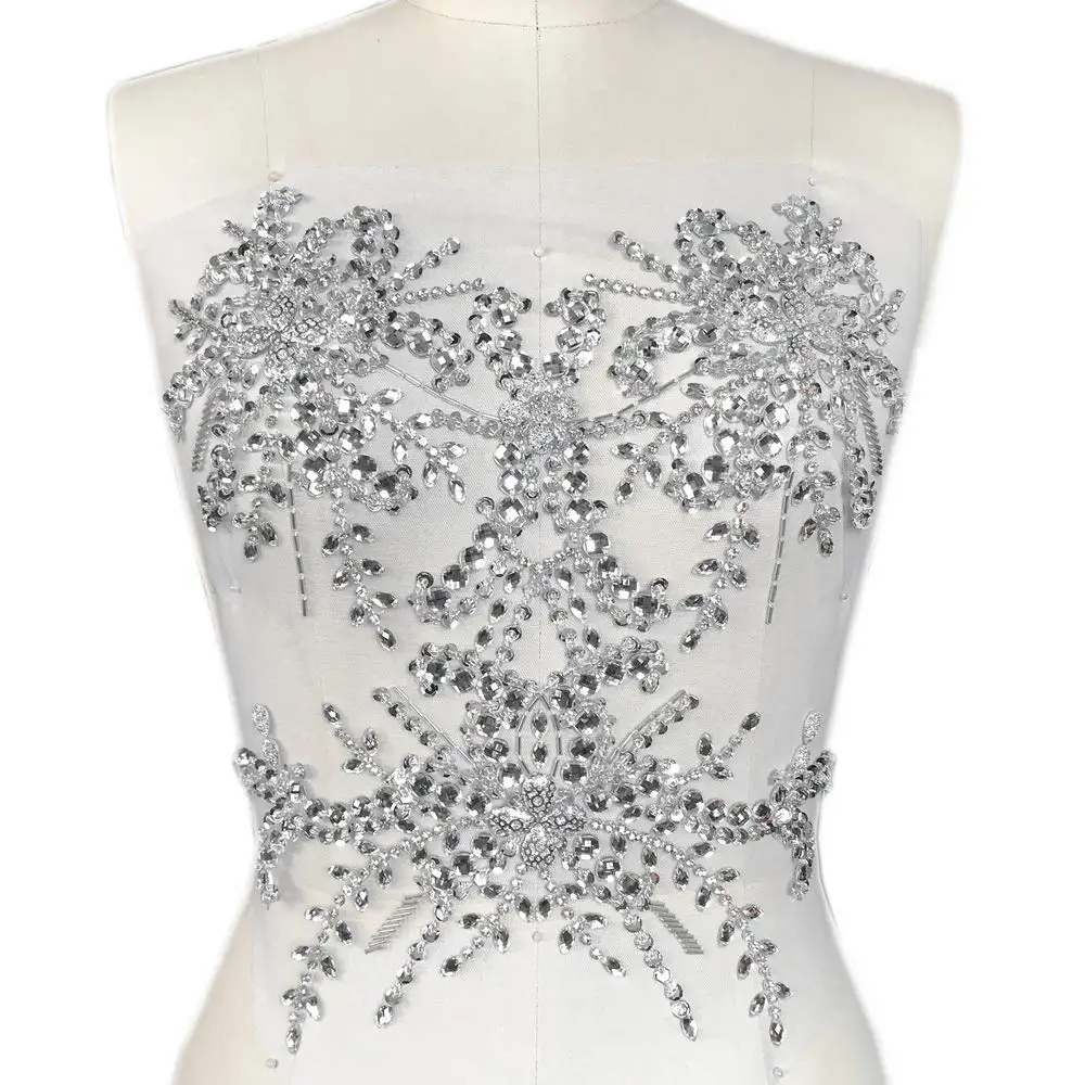 

Silver 34x34cm Appliques and Patches For Sew on Rhinestones Crystals Beads For Sewing Bridal Wedding Dress DIY Corset Decoration