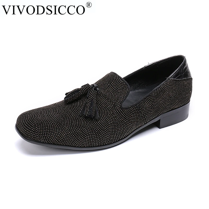 

VIVODSICCO Men Loafers Gold and Black Diamond Rivets Surface Design Party Man Flats Spiked Mocassins Loafers Tassels Shoes