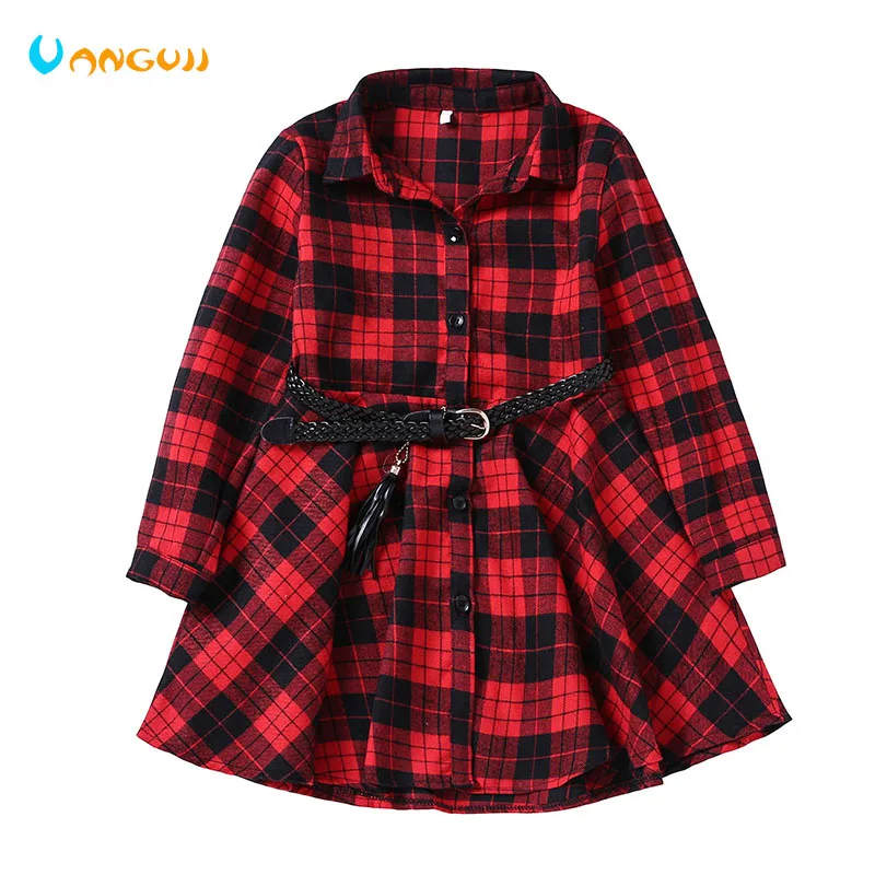 

girls blouse Spring and Autumn Cotton Shirts Loose casual plaid fashion Full sleeve outwear Belt shirt dress Red and black