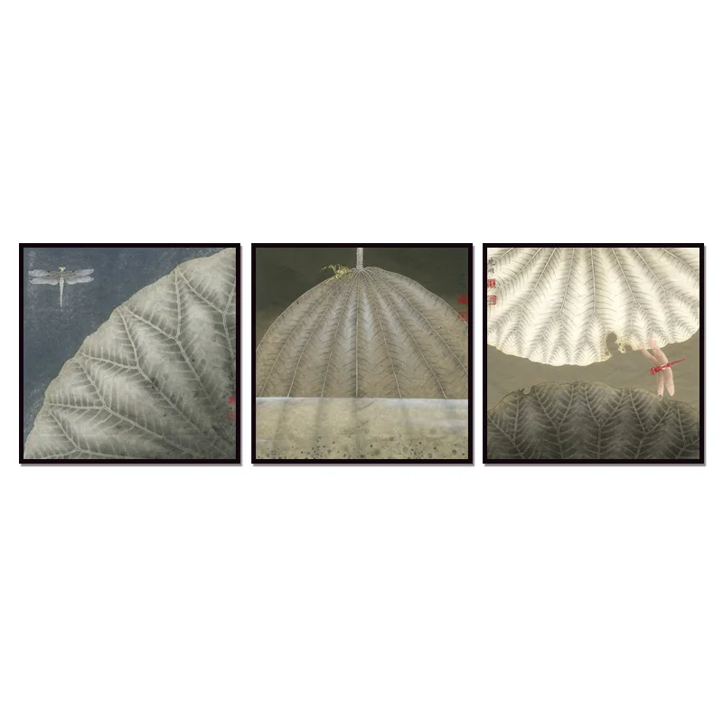 Абстрактная картина с листьями лотоса настенная живопись 3 панели для гостиной