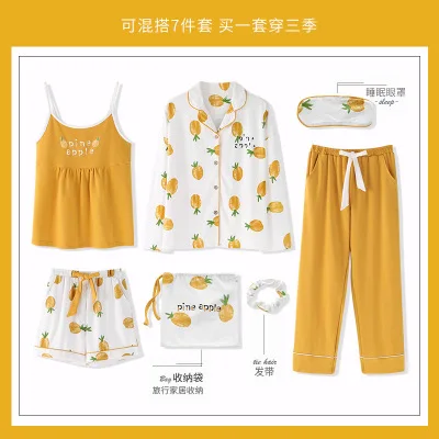 New Cardigan Pajamas Women's Seven-piece Spring and Autumn Long Sleeve Korean Sweet Thin Sling Summer Home Service Set | Женская