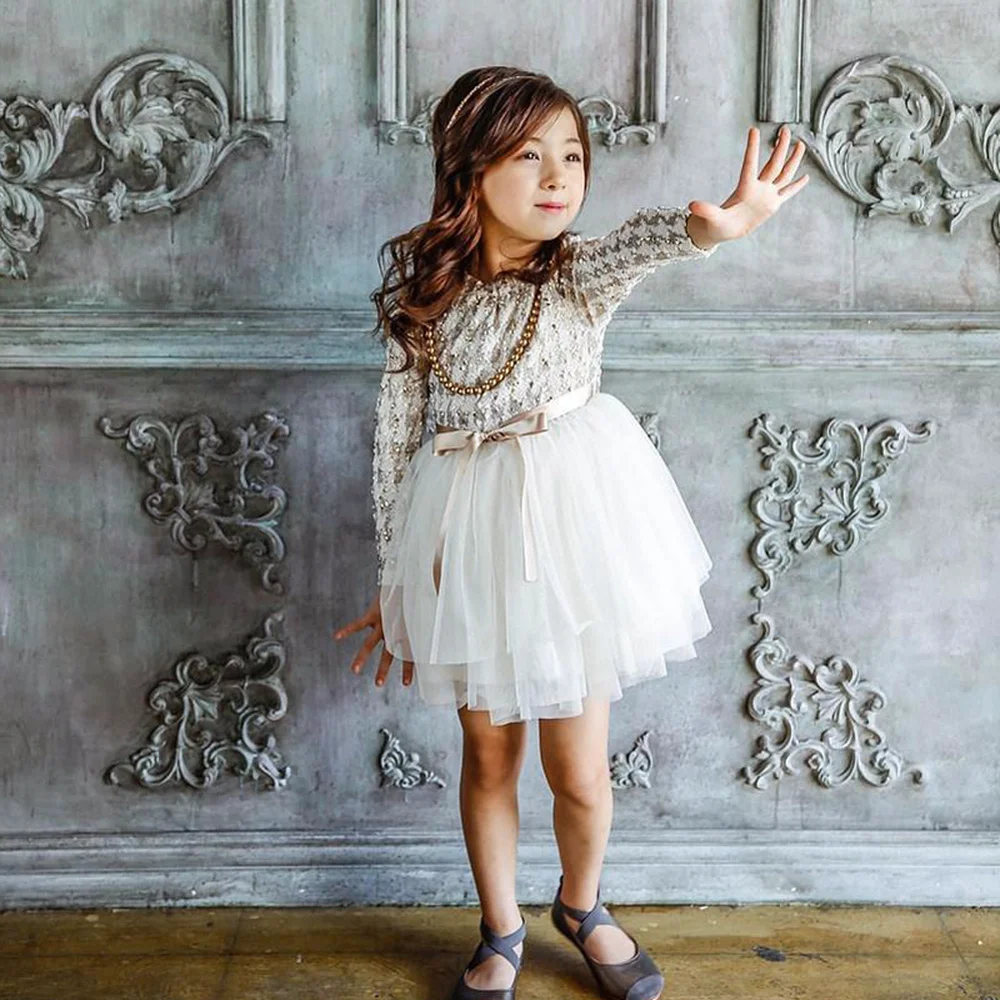 2019 Autumn New Korean Version of The Cute Girls Solid Bow Graceful Princess Full Length Sleeve Mesh Patchwork Ball Gown Dresses | Детская