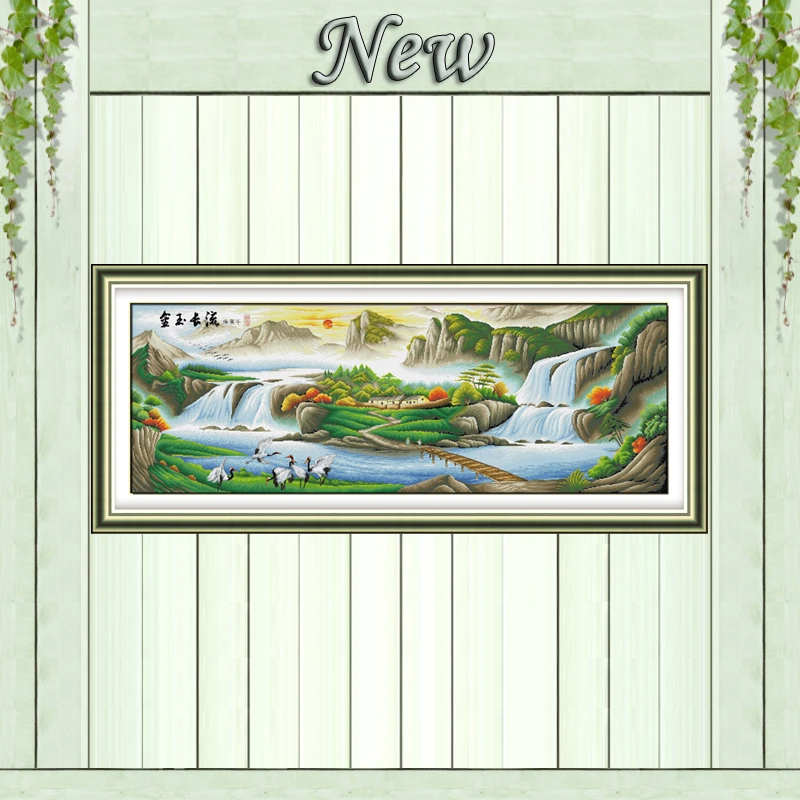 

Big river mountain crane scenery painting Counted print on canvas DMC 14CT 11CT DIY Cross Stitch Needlework kits Embroidery Sets