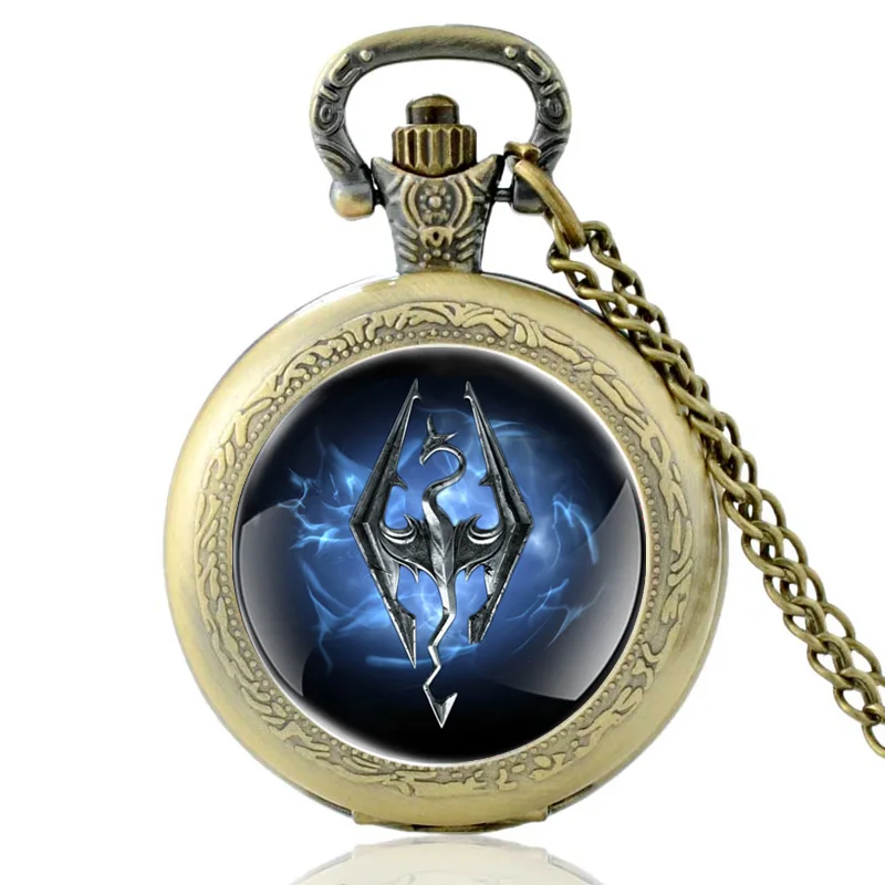Винтажные бронзовые часы The Elder Scrolls V Skyrim, кварцевые карманные часы, классические мужские и женские часы с ожерельем - Цвет: P608-Bronze