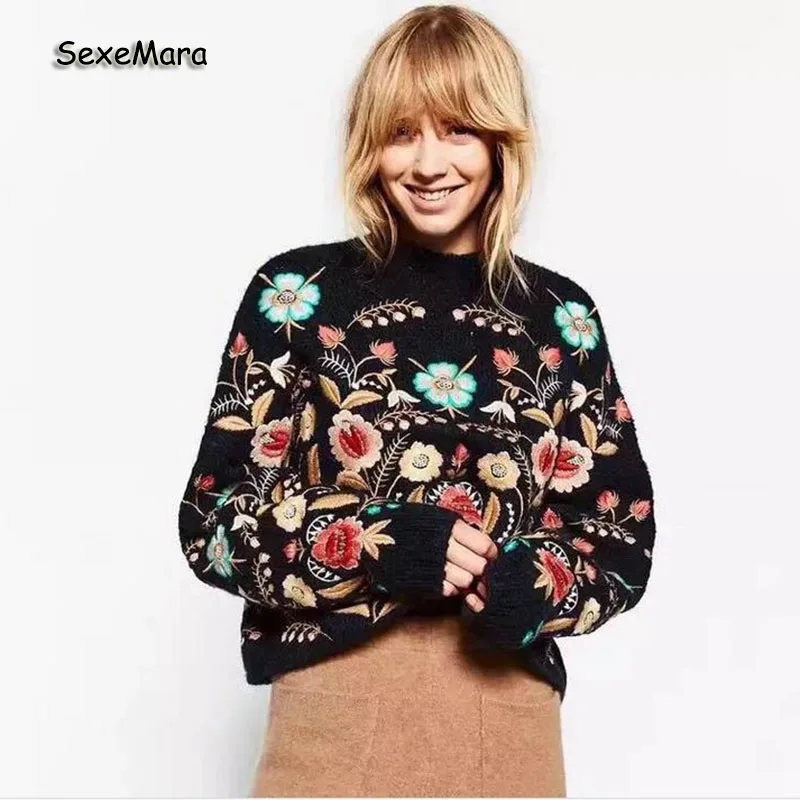 Новый 2017 Женщины Винтаж Вышивка Цветочные Мода Пуловер Свитер Свободные