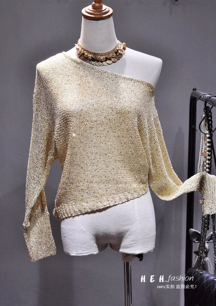 Autumn-Spring Fashion Women Sexy Sequined One Shoulder Loose Sweater Outerwear Pullover Long Sleeve Irregular Knitted Sweaters | Женская