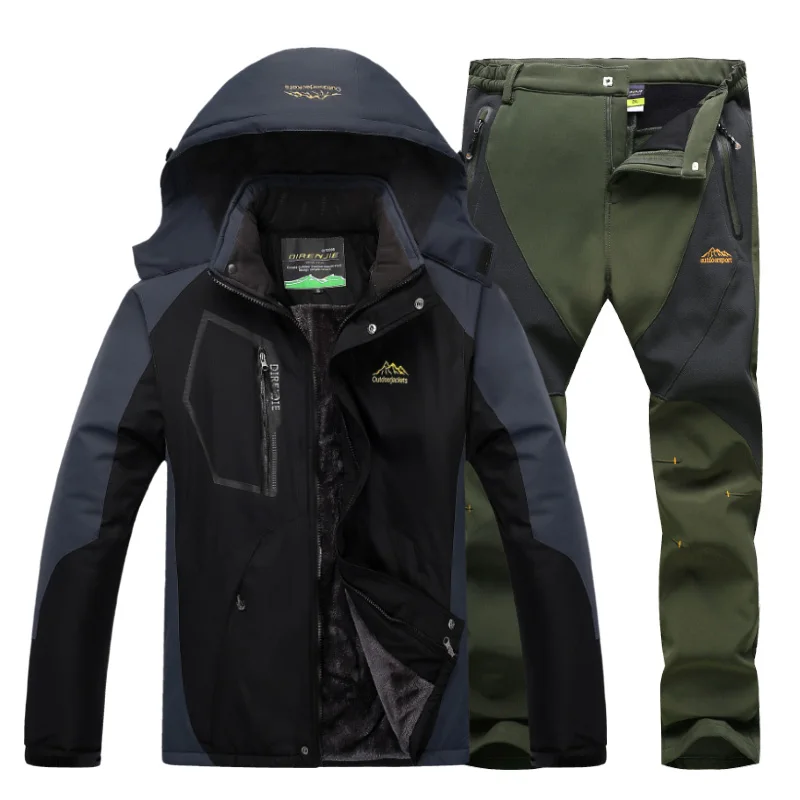 Gray-army pant Куртка для походов на открытом воздухе+ походные брюки, мужской зимний комплект с подогревом, водонепроницаемый спортивный костюм для рыбалки, флисовые штаны, 5XL - Цвет: Gray-army pant