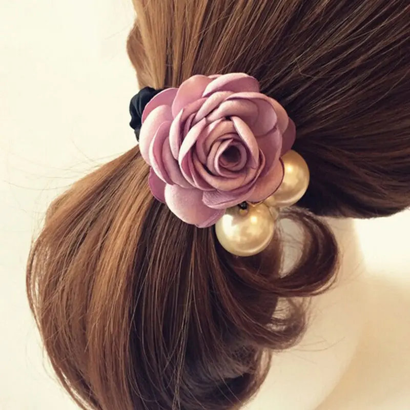 Повязка для волос атласная Женская эластичная лента с цветами и жемчужинами