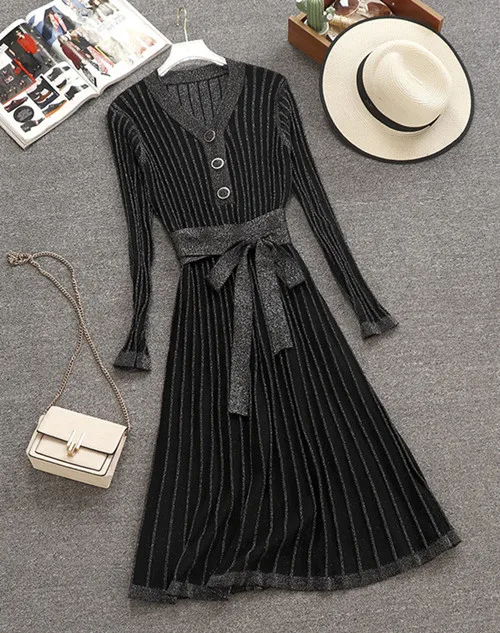 D00290 black Весенне-осенний Элегантный Блестящий плиссированый свитер платье женское с длинным рукавом v-образный вырез женский пояс Блестящий А-силуэт Роскошные вязаные платья D290 - Цвет: D00290 black