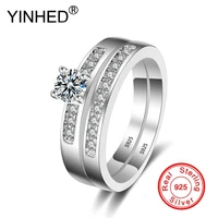 yinhed 2pcs 100 solid 925 sterling silver rings set round cubic zircon wedding rings for women engagement jewelry gift zr528