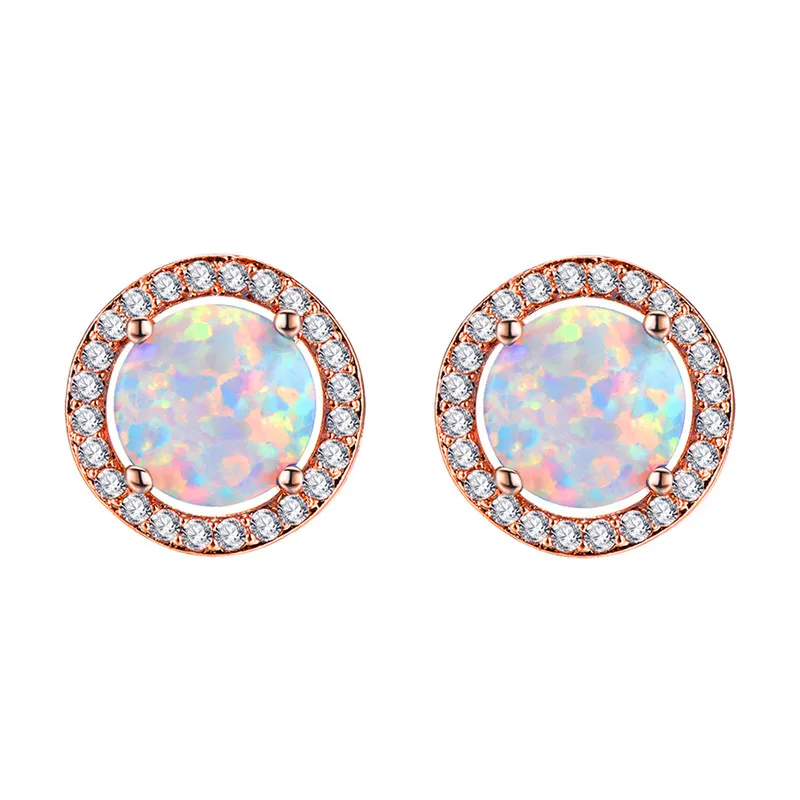 Rose Gold White Opal Милые круглые Разноцветные серьги-гвоздики с кристаллами для девушек, для женщин, 925 серебро, розовое золото, заполненные белым, синим, зеленым огненным опалом, серьги CZ - Окраска металла: Rose Gold White Opal