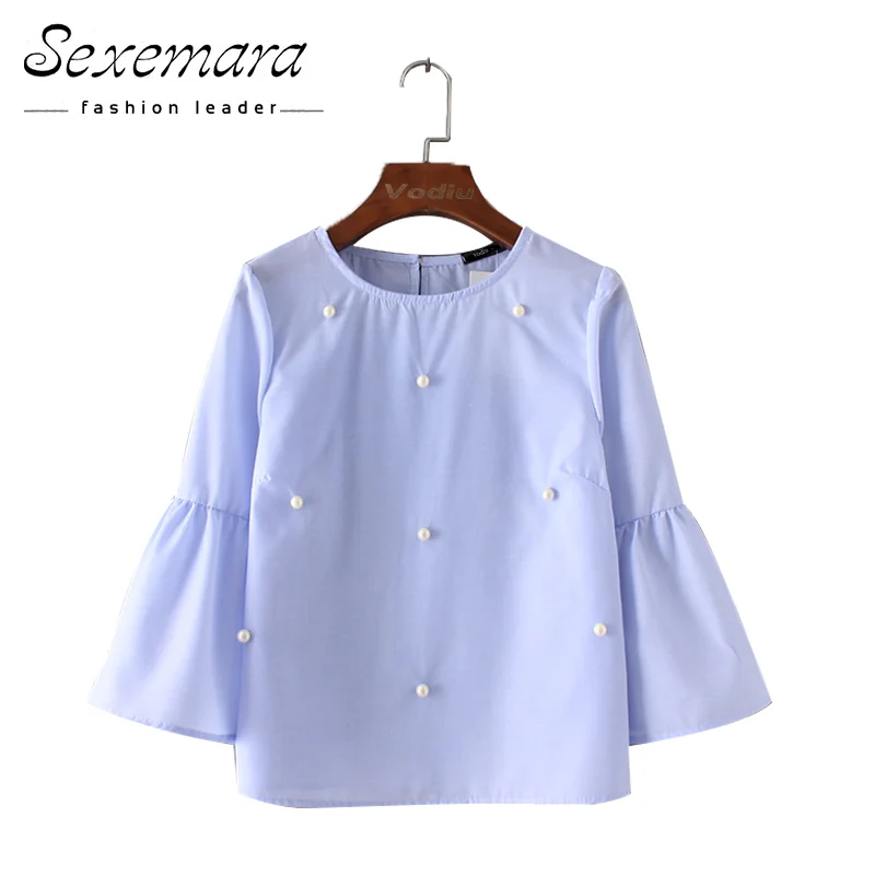 Летние топы женская блузка с жемчугом 2021 милая повседневная рубашка круглым