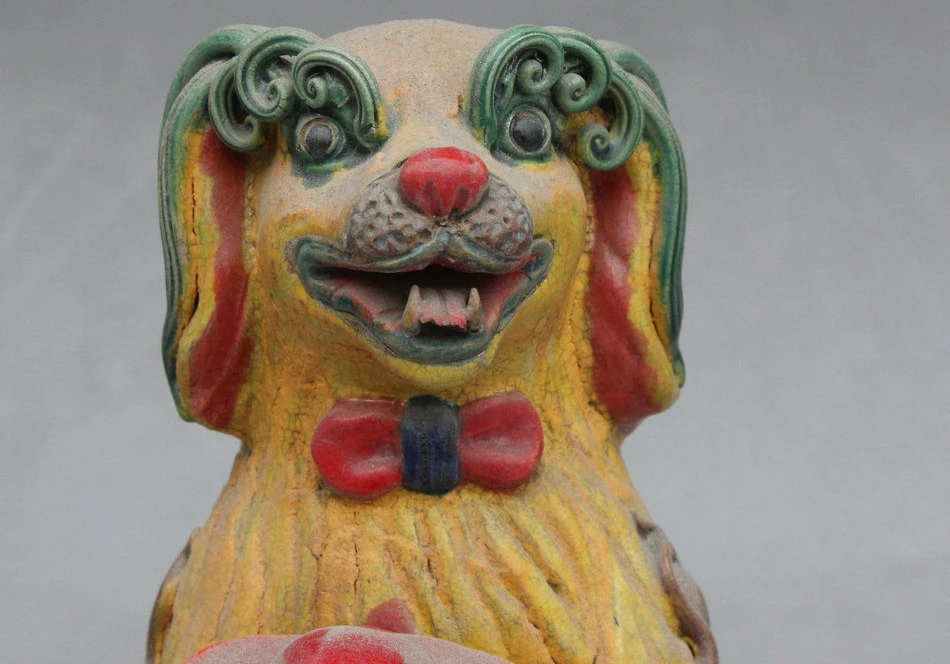 Folk Chinese wucai Porcelain wealth yuanbao Lucky Dog PiXiu statue pray ball | Дом и сад