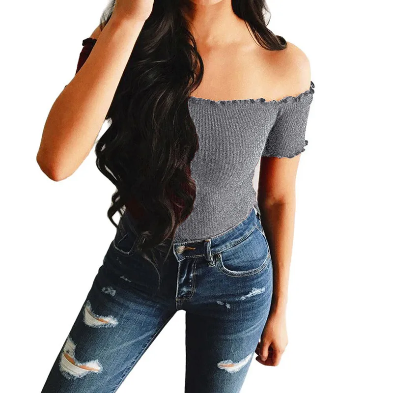summer new 2020 off shoulder tops t shirts hot sale short sleeve solid t-shirts for women clothing fashion slim t-shirt | Женская одежда