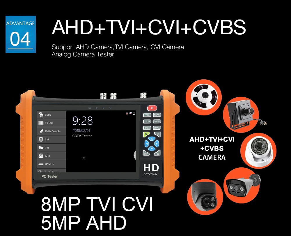 7 дюймов 8MP TVI& CVI 5MP AHD 2MP SDI CCTV тестер Аналоговый IP камера тестер Поддержка HDMI/аудио вход/выход с вызовом OSD меню UTP