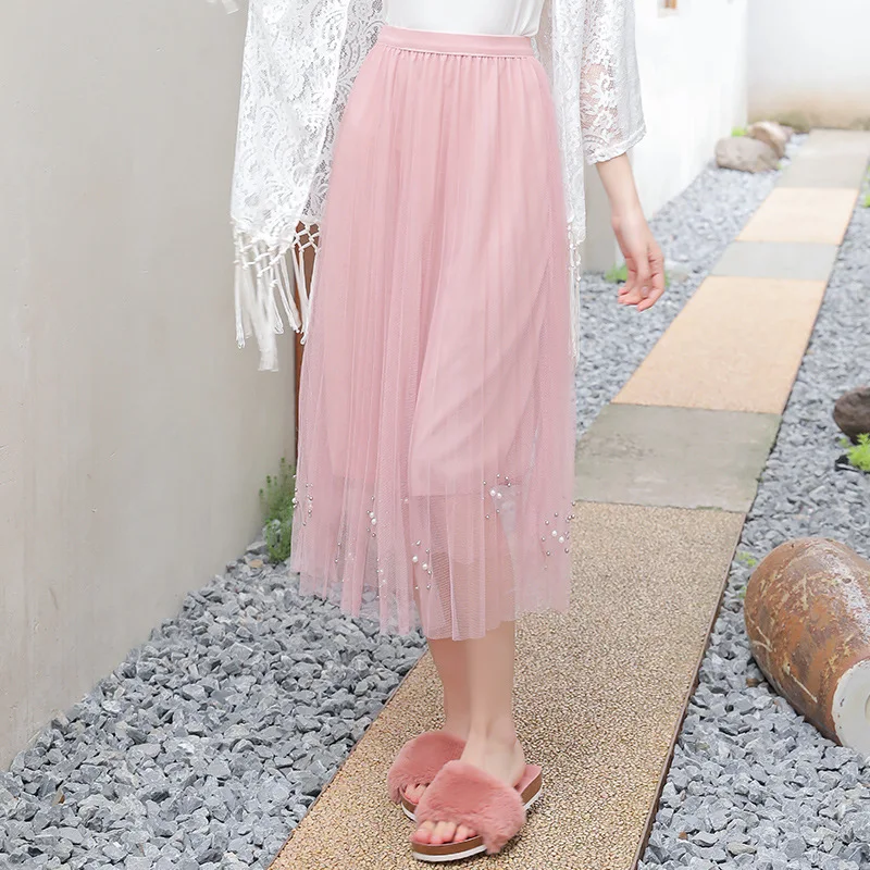 Новая модная летняя плиссированная юбка с нежным жемчугом и фатиновой юбкой